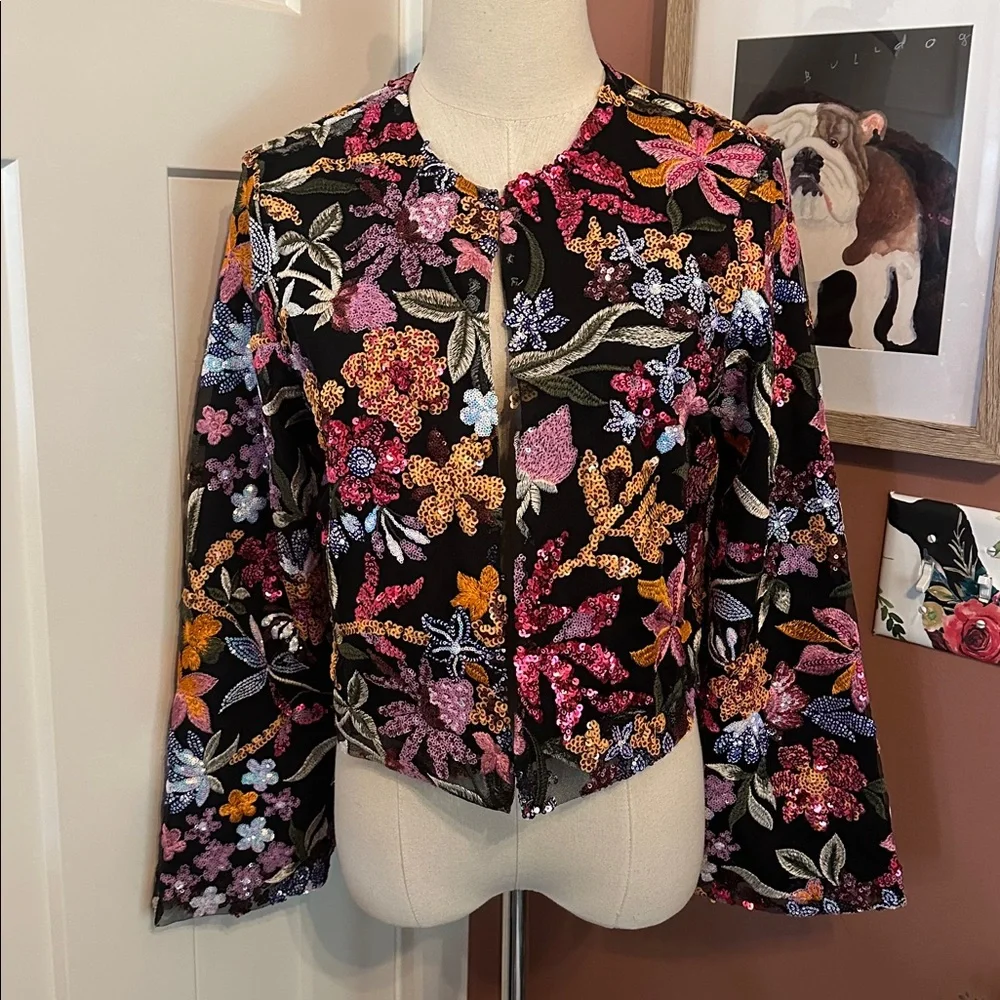 Anthropologie TINY floral slightly cropped sequins lined party Small blazer